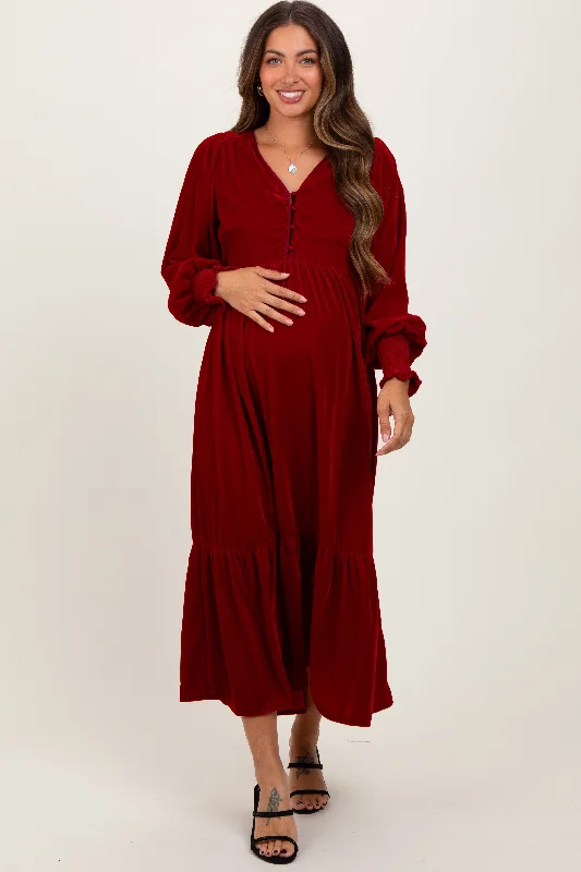 Burgundy Velvet Button Accent Smocked Sleeve Maternity Midi Dress Date night midi dresses