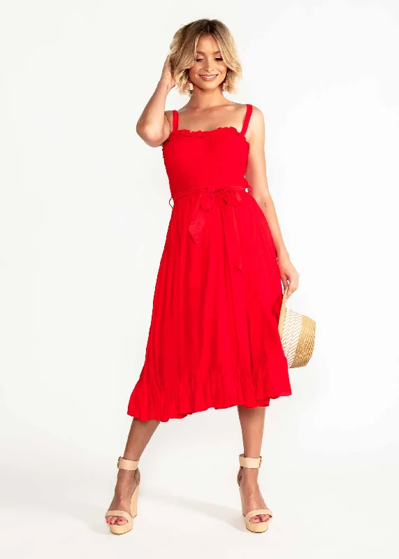 Great Escape Midi Dress w/ Tie - Red Must-have midi dresses for this season