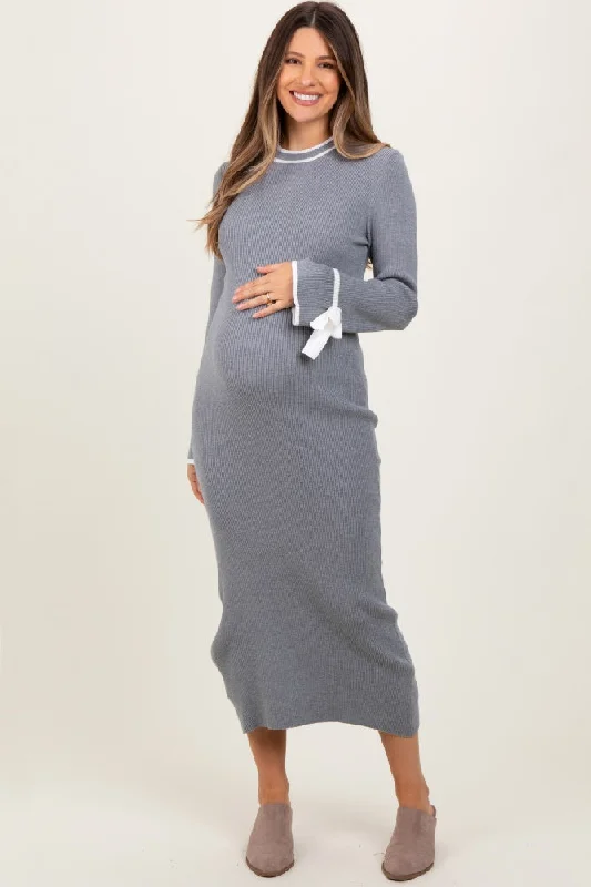 Grey Knit Bow Detail Sleeve Maternity Midi Sweater Dress Off-shoulder midi dresses