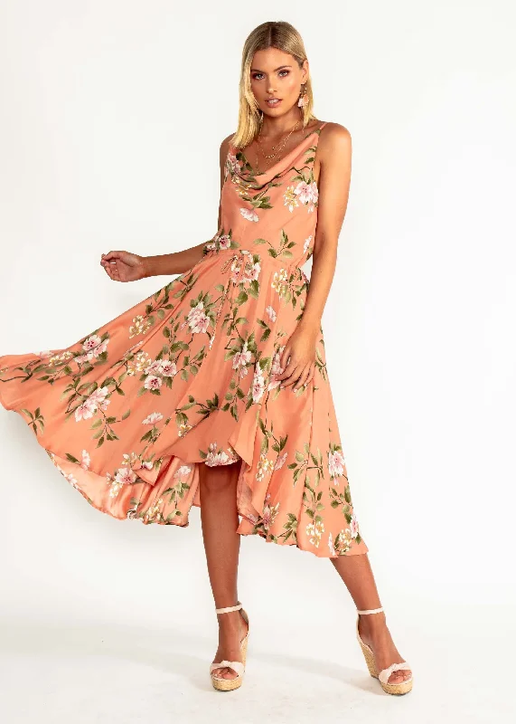 In A Million Midi Dress - Peach Floral Halter midi dresses