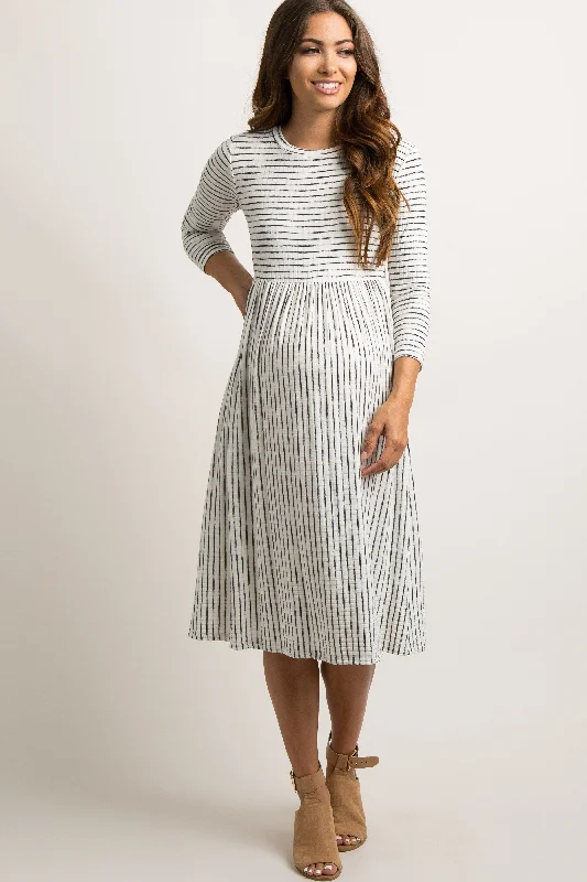 Ivory Ribbed Striped Maternity Midi Dress Cocktail midi dresses