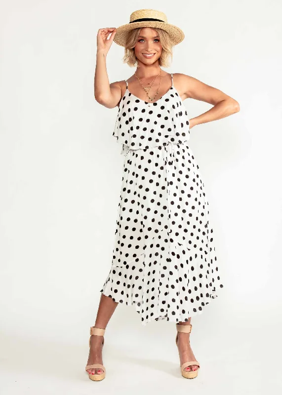 Melody Midi Dress w/ Tie - White Polka Party midi dresses