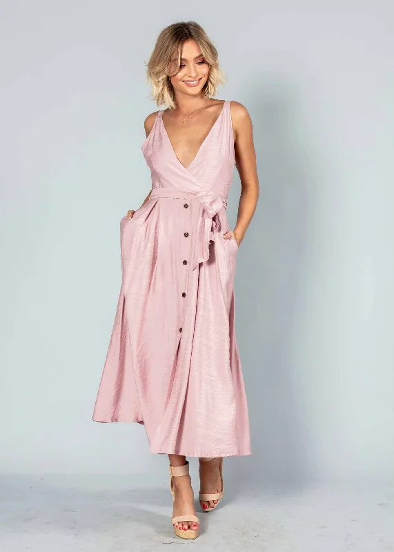 Misty Morning Midi Dress w/ Tie - Blush Wrap midi dresses