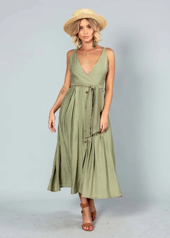 Misty Morning Midi Dress w/ Tie - Khaki Bodycon midi dresses