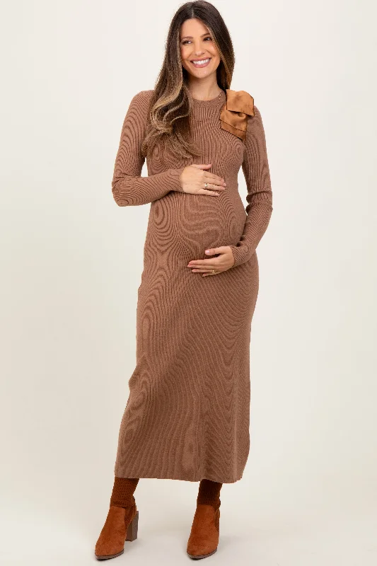 Mocha Shoulder Bow Detail Maternity Midi Knit Dress Strapless midi dresses