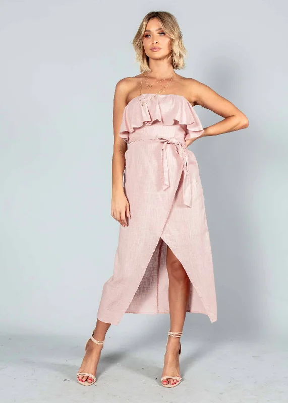 Quinn Strapless Midi Dress w/ Tie - Blush Revolve midi dresses