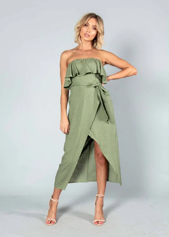 Quinn Strapless Midi Dress w/ Tie - Khaki Fashion Nova midi dresses