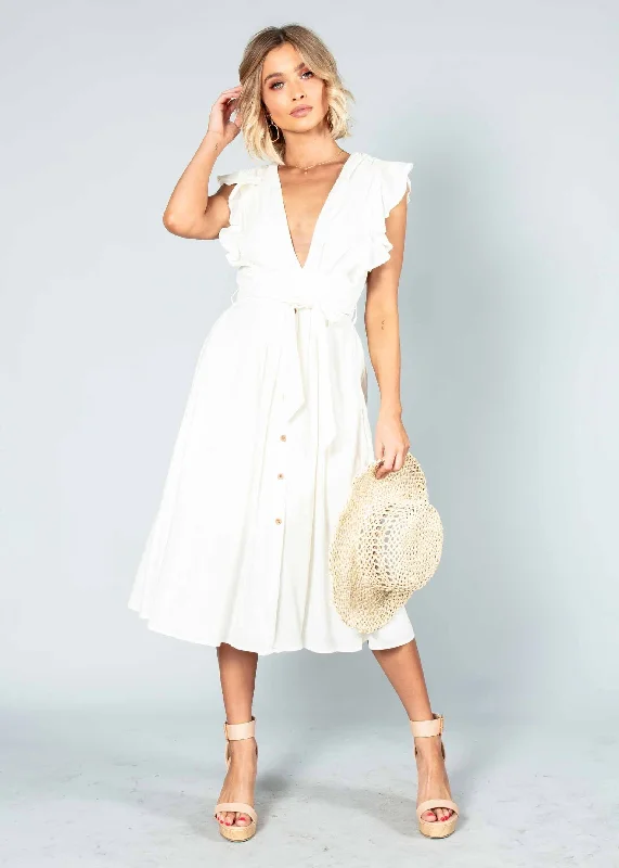 Raegan Linen Midi Dress w/ Tie - White Goth midi dresses