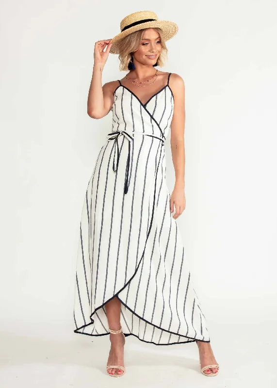 Vivian Wrap Midi Dress - White/Navy Stripe Casual midi dresses