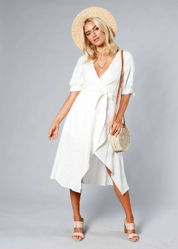 Voyage Linen Midi Dress w/ Tie - White Street style midi dresses