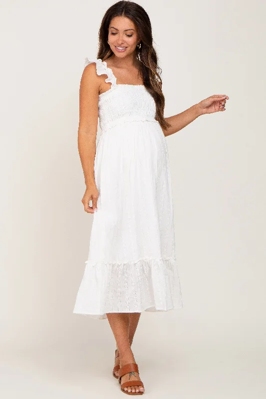 White Smocked Textured Maternity Midi Dress Sexy midi dresses