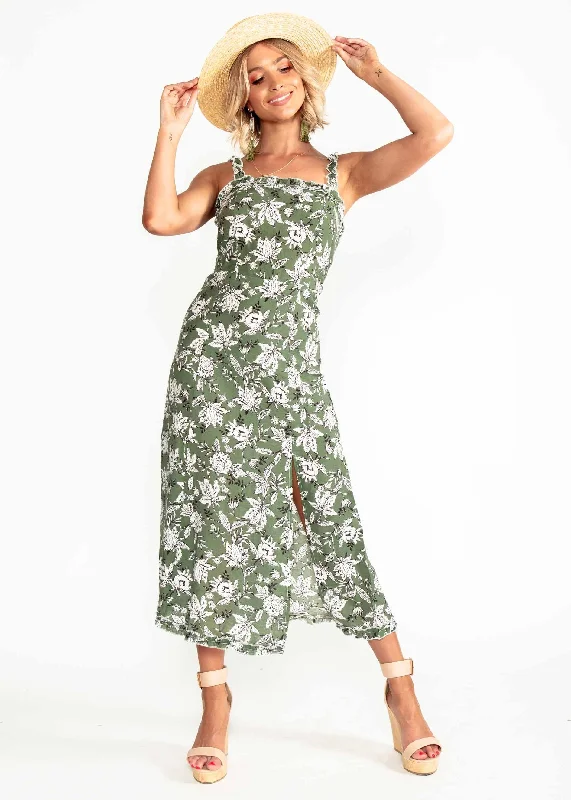 Wildest Dreams Midi Dress - Khaki Floral Best midi dresses for hourglass body shape