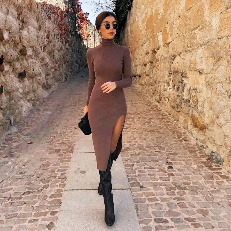 Women Long Sleeves High-Neck Elastic Midi Dress Knit Sweater Dress Comfortable midi dresses for everyday wear