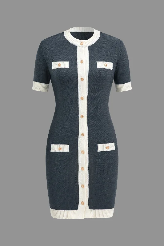 Knitted Contrast Short Sleeve Button Dress Mini Skirt Trendy