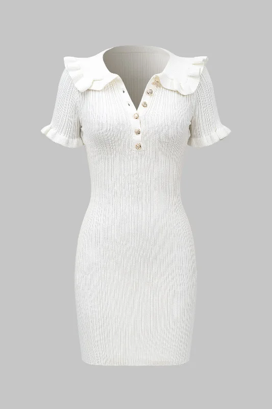 Knitted Metallic Button Ruffle Short Sleeve Dress Mini Skirt Classic