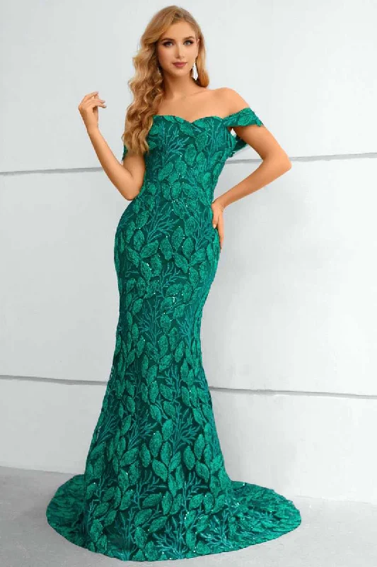 Green Lace Off-the-Shoulder Mermaid Long Formal Gown Midi Maxi Outfit