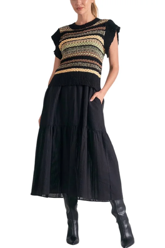 Crew Neck Woven Midi Dress In Black Elegant Midi Dress