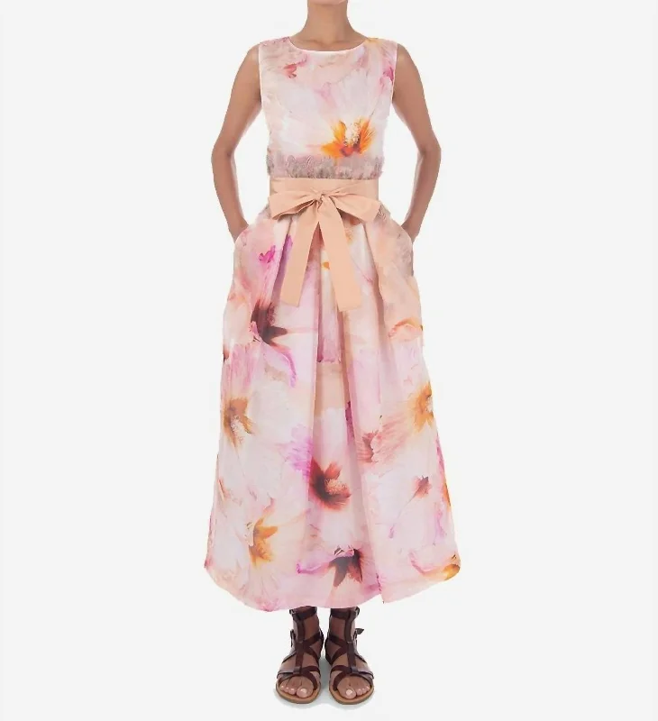 Riah Flower Print Midi Dress In Pink Floral Wrap Midi Skirt