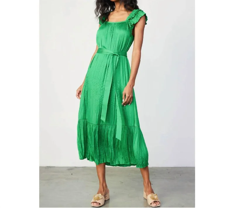 Ruffled Sleeve Crinkle Midi Dress In Green Sexy Midi Skirt