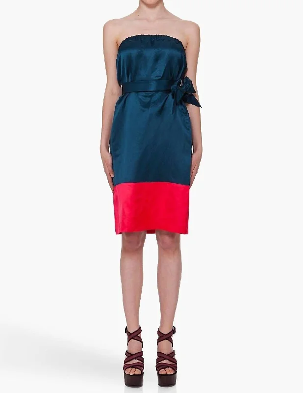 Suzie Satin Silk Strapless Belted Midi Dress In Blue, Red Midi Skirt Style