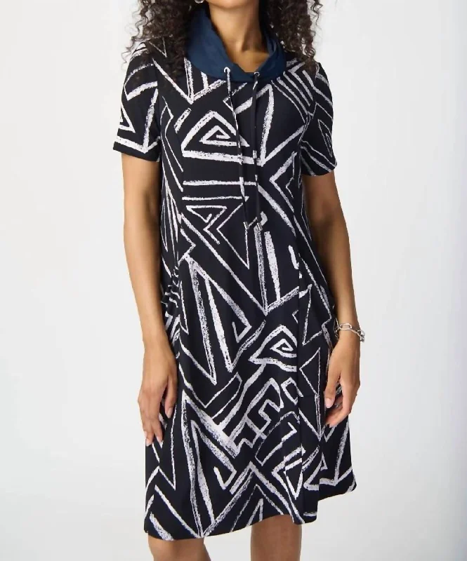 Abstract Print Silky Knit A-Line Dress In Midnight Blue/vanilla Travel unclassified dresses