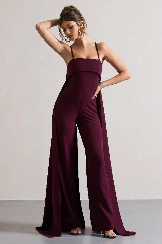 Amaya | Dark Plum Bandeau Wide-Leg Jumpsuit With Cape Office unclassified dresses