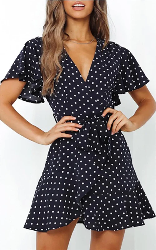 Angel Sleeve Skater Dress In Navy And White Polkadot Ruched unclassified dresses