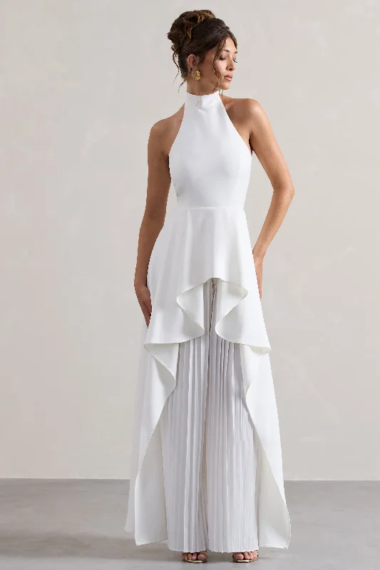 Ashwood | White Plisse High-Neck Cape Jumpsuit Beach unclassified dresses