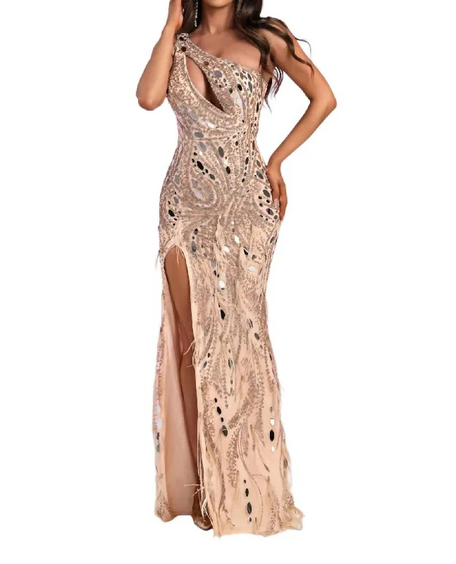 Asymmetrical Neckline Floor-Length Dress In Champagne Stretchy unclassified dresses