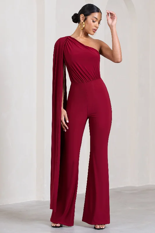 Aurora | Berry One Shoulder Cape Sleeve Jumpsuit Preppy unclassified dresses