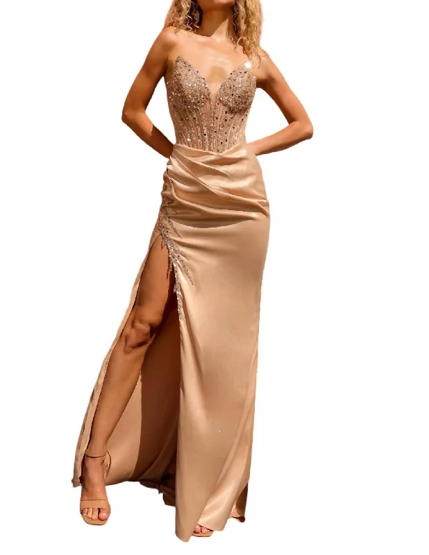 Beaded Satin Fitted Strapless Slit Gown In Champ Preppy unclassified dresses