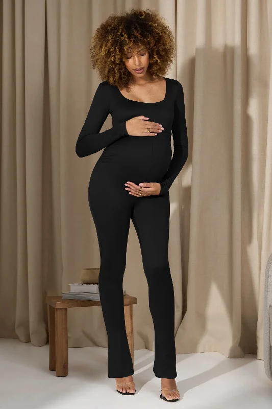 Clover | Black Square-Neck Slim-Leg Maternity Jumpsuit Unique unclassified dresses