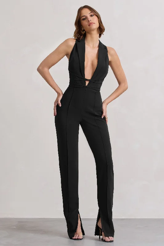 Darcy | Black Plunge Neck Tailored Jumpsuit With Tie Detail Smocked unclassified dresses