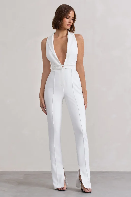 Darcy | White Plunge Neck Tailored Jumpsuit With Tie Detail Halter unclassified dresses