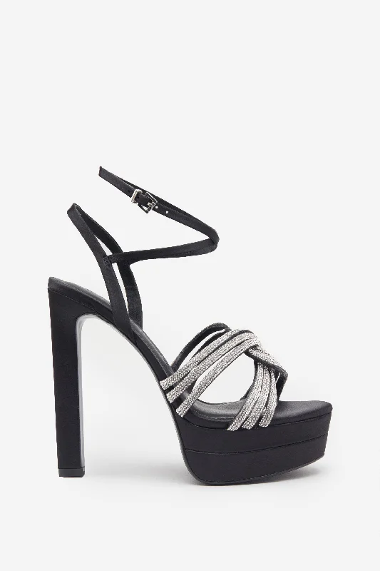 Doll Drama | Black Satin Diamante Strappy Platform Heels Denim unclassified dresses