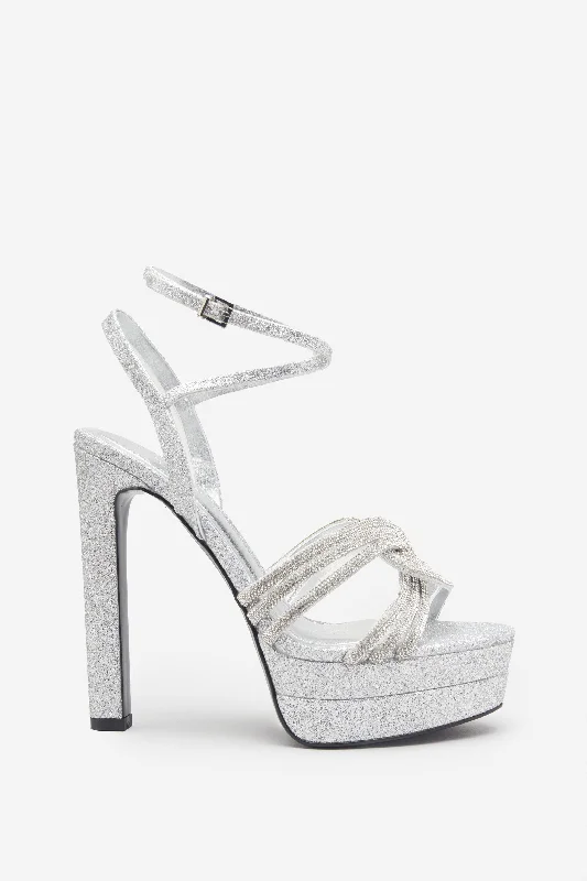 Doll Drama | Silver Glitter Diamante Strappy Platform Heels Lace unclassified dresses