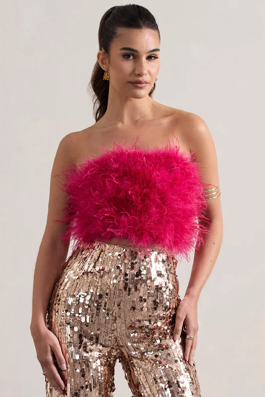 Dream Daze | Dark Pink Strapless Feather Crop Top Festival unclassified dresses