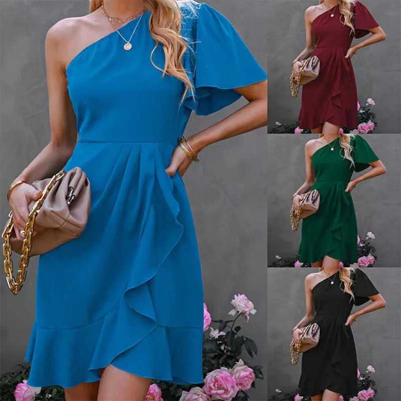 Elegant One-Shoulder Solid Color and Lotus Leaf Edge Mid-Length Dress Lightweight unclassified dresses