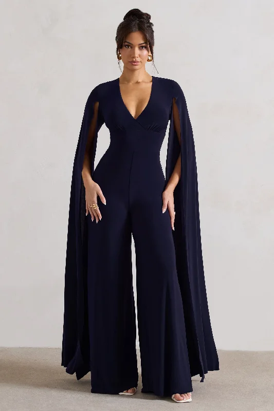 Emmanuela | Navy Plunge-Neck Wide-Leg Jumpsuit With Cape Sleeves Fashionable unclassified dresses