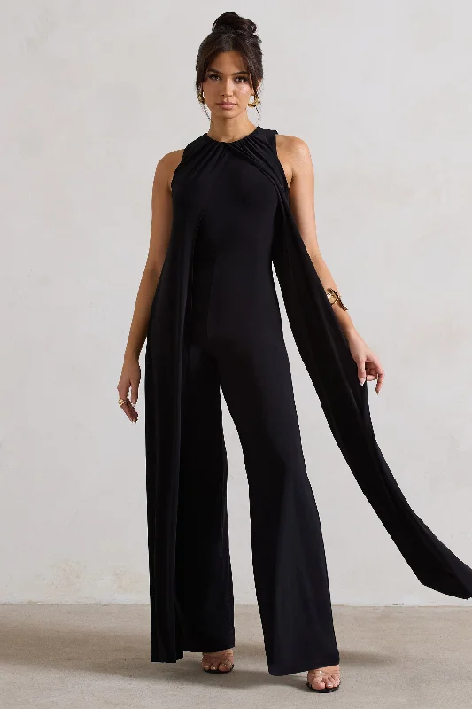 Essence | Black High-Neck Wide-Leg Jumpsuit With Cape Flowy unclassified dresses