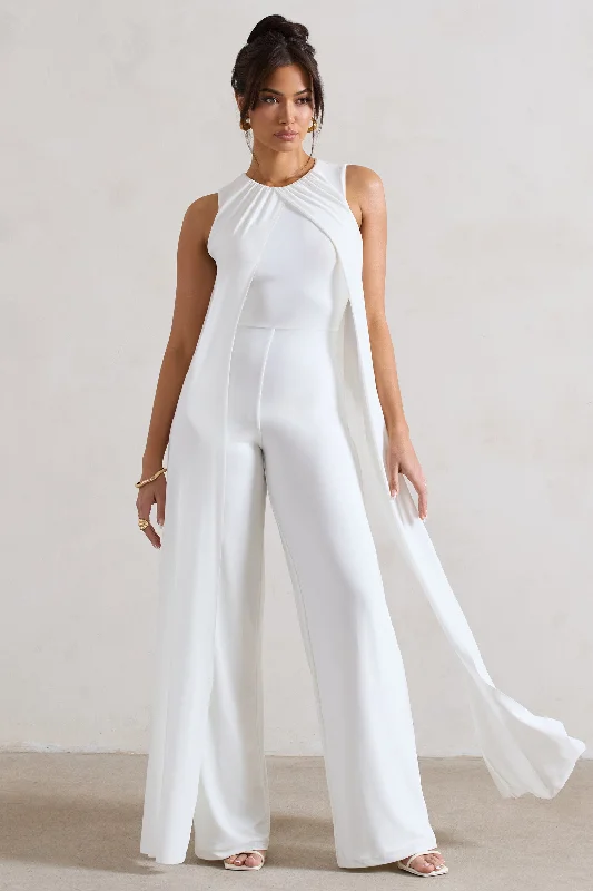 Essence | White High-Neck Wide-Leg Jumpsuit With Cape Tiered unclassified dresses