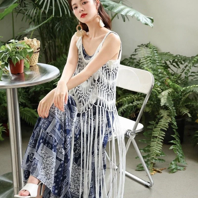 Ethnic Knitted Halter Hollow Out Cover-Up Dress Long unclassified dresses