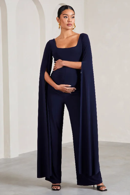 Faith | Navy Square-Neck Straight-Leg Maternity Jumpsuit With Cape Sleeves Open-back unclassified dresses