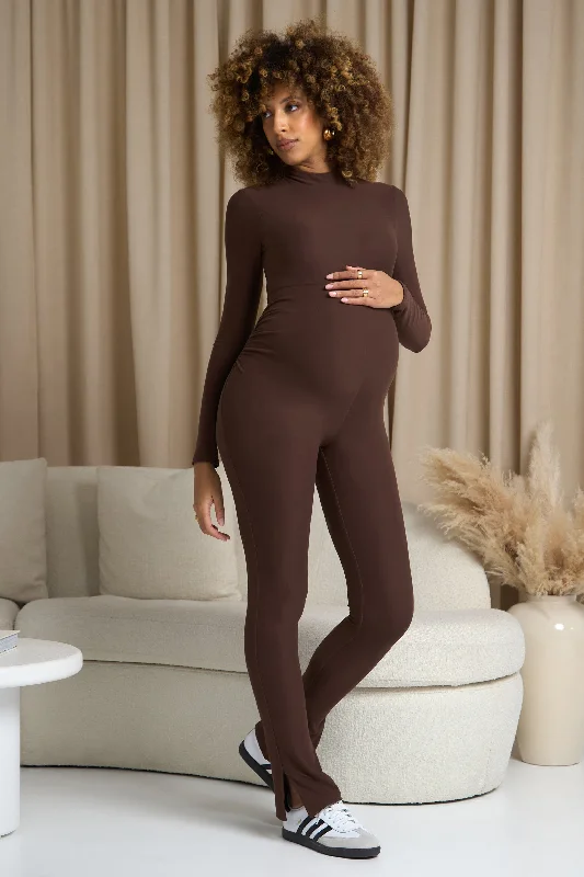 Fia | Chocolate Brown High-Neck Slim-Leg Maternity Jumpsuit Trendy unclassified dresses