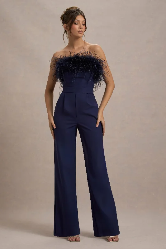 First Class | Navy Bandeau Feather Wide Leg Jumpsuit Dark color unclassified dresses