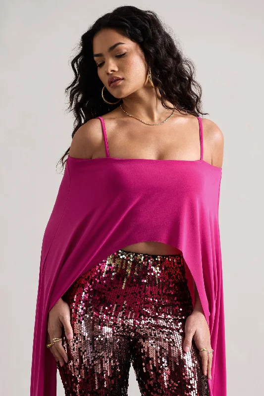 Floyd | Dark Pink Bardot Cape Sleeve Crop Top Ruched unclassified dresses