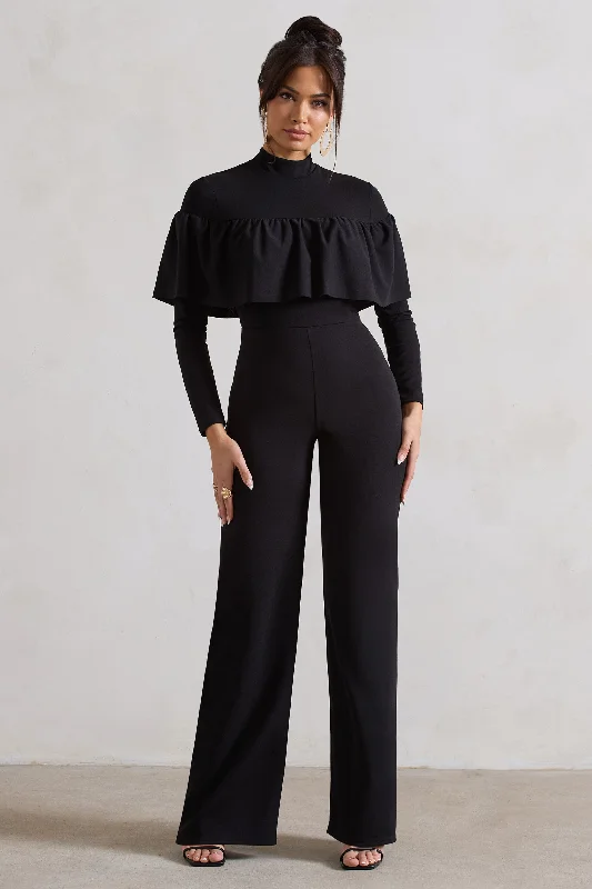 For The Frill | Black High-Neck Straight-Leg Jumpsuit With Frills One-shoulder unclassified dresses