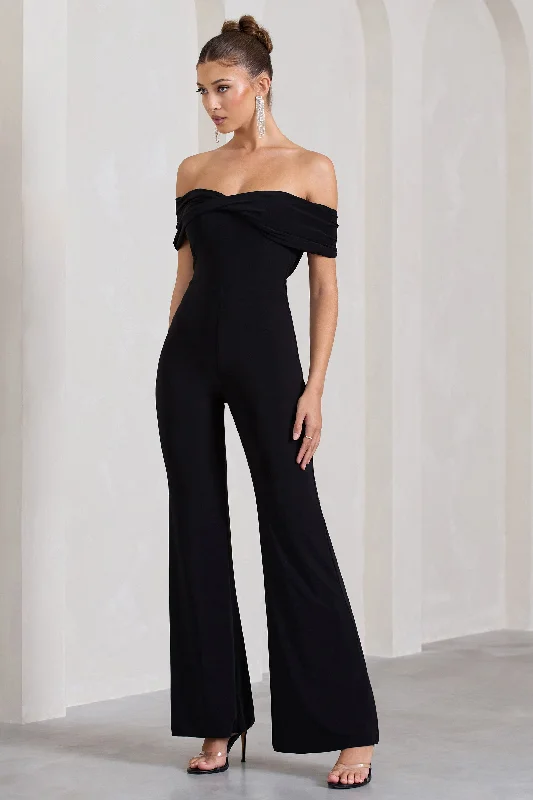 Gemma | Black Bardot Open-Back Flared-Leg Jumpsuit Beaded unclassified dresses