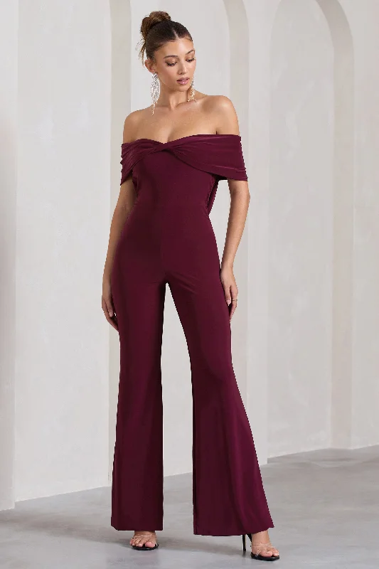 Gemma | Burgundy Bardot Open-Back Flared-Leg Jumpsuit Color block unclassified dresses