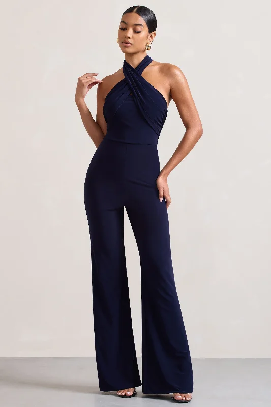 Goddess | Navy Halter Neck Flare Jumpsuit Engagement unclassified dresses